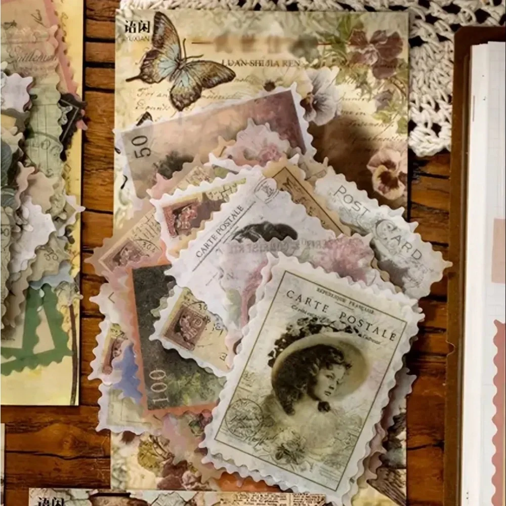 Set Of 60 pcs Vintage Style Stamp Stickers Adorable Designs For DIY Scrapbooks